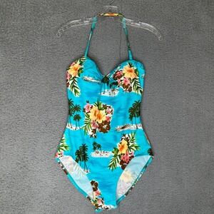 Beach Bay Hawaiian Tropical Palm Tree Floral One Piece Swimsuit Size 12